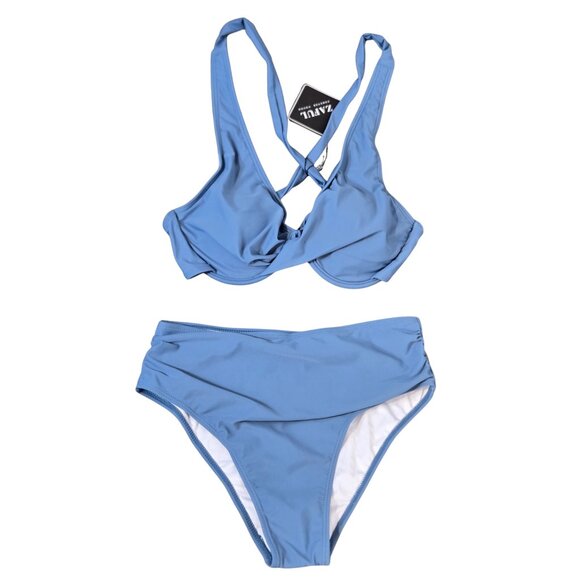 NWT | ZAFUL Light Blue High Waisted Bikini Set Padded Crisscross Top | Small - Picture 1 of 6